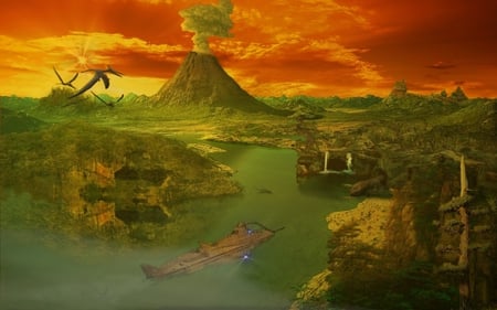 Mystery Island - volcano, alien, mystery, mountain, island, land, birds