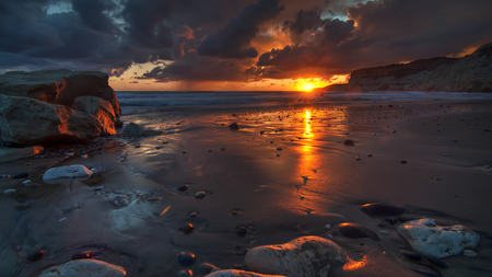 Flaming Sunset - rockssunset, beautiful, sun, golden, sea, flaming