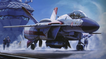 Jet on carrier - anime weapon, flying weapon, landing zone, f, jastrzab, weapons, starting jet, carrier, jet on carrier, planes, military, jets