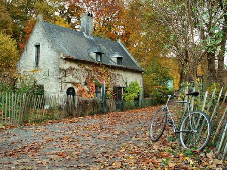 A charming little cottage somewhere in France. - house, road, fence, tree, bike, fall, path, autumn, leaf, france, cottage