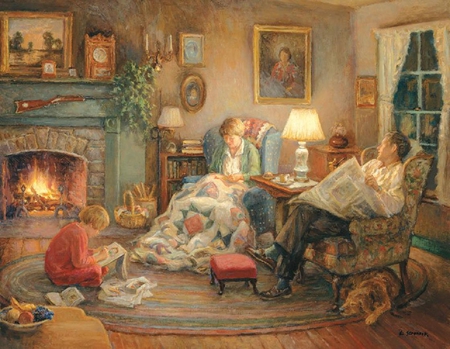 Family Circle. - lounge, chair, home, people, room, family, fireplace, house