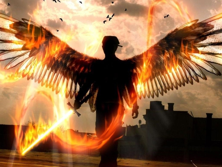 warrior angel - wings, warrior, fire, sword, angel