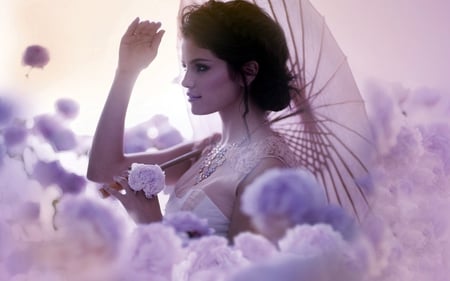 Selena Gomez - woman, gomez, roses, people, photography, music, singer, animation, ring, fantasy, other, selena gomez, purple, selena, umbrella, purple flowers, lavender, artist, jewelry, actress, actresses, girl, songwriter, nature, entertainment, pink, beautiful, flowers, celebrity, dress, flower