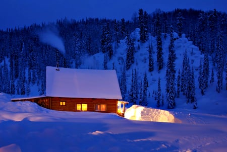 Beautiful Winter - beauty, cottage, sky, trees, magic, peaceful, blue winter, mountains, view, pretty, evening, winter time, clouds, romance, house, tree, houses, landscape, light, winter, lovely, nature, romantic, blue, snow, beautiful, splendor, cabin, lights