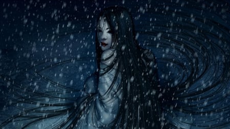 Snow Woman - woman, blizzard, myth, hair, winter, japanese, black, fantasy, yuki onna, white, dark, cold, snow, robe, demon