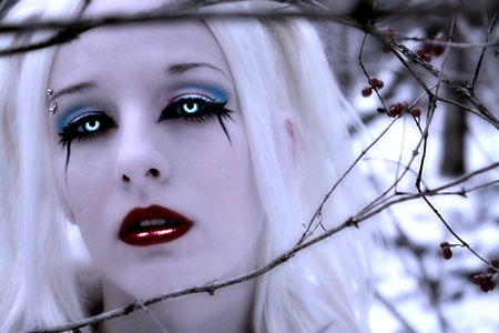 Winter Blood - blood, winter, snow, eyes, alone, freaky, forest, cool, vampire, glow, fantasy, white, red