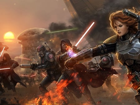 jedi knights - firing, smoke, light sabers, weapons, buildings, fire