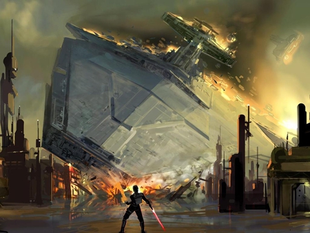 better move - star destroyer, fire, light saber, smoke, buildings, jedi