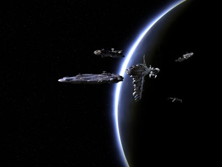 rebel fleet - corellian class, transporter, planet, x wing, stars