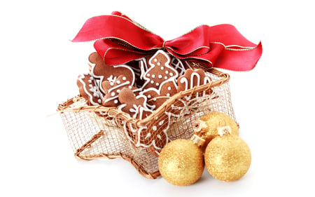 Merry Christmas - new year, beauty, xmas, magic, photography, magic christmas, basket, cookies, balls, pretty, holiday, ribbon, golden, ball, lovely, christmas, gold, happy new year, christmas balls, merry christmas, golden balls, bow, red, beautiful