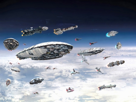 ships of star wars universe - a wings, millenium falcon, transpoters, x wings, shuttle tydirium, slave 1