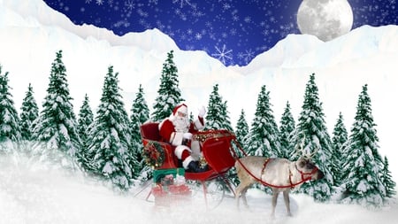 Bright in Santa Land - trees, snow, toys, night, stars, santa claus, christmas, feliz navidad, xmas, reindeer, full moon, sky