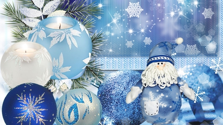 Everything Blue For Christmas - snowman, xmas, candles, snowflakes, christmas, santa, balls, feliz naviad, blue, decorations, firefox persona, lavender