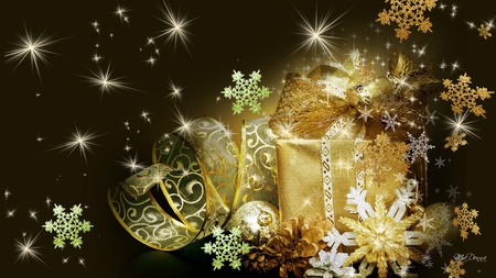 Luxurious Christmas - snowflakes, gifts, stars, firefox persona, christmas, feliz navidad, gold package, bright, ribbons