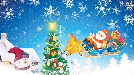 Santas Merry Ride - sleigh, house, trees, snowman, snowflakes, gifts, toys, tree, santa claus, christmas, feliz navidad, sky