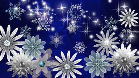 Shiny Flowers and Snowflakes - stars, snowflakes, christmas, shiny, abstract, snow, blue, flowers, firefox persona