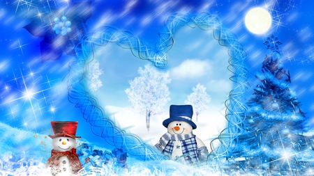 Snowmans Christmas Dreams - snowman, whimsical, trees, heart, winter, snowmen, christmas, snow, blue, full moon, firefox persona, cute