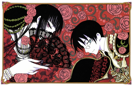 Yuuko and Kimihiro - anime, watanuki, wish, girl, fang, boy, witch, red, clamp, rose, yuuko