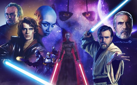 jedis of star wars - obi one kenobi, planet, emporer palpatine, general greiveous, count dukoo, anikin skywalker, light sabers