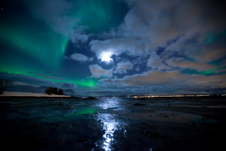 Aura Borealis - reflections, skyscape, moon, blue, seascape, green, sea, lights