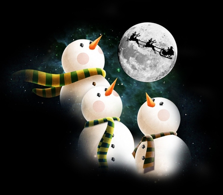 SNOWMANS CHRISTMAS - moon, snowmans, santa, family