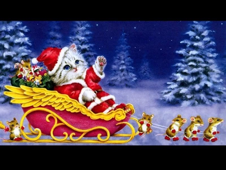 Santa Claus Kitten - sleigh, mice, kitten, x-mas