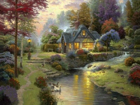 Nice Little Cottage - duck, stream, trees, cottage