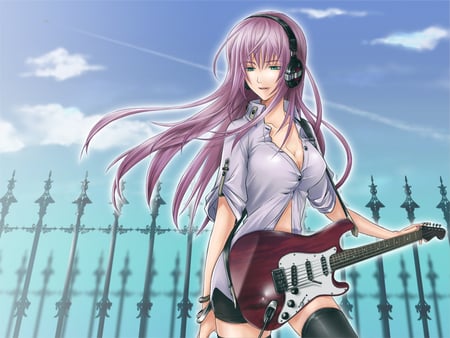 Megurine Luka - clouds, anime, gate, skirt, girl, fence, music, guitar, headphones, volcaloid, megurine luka, sing, song, sky