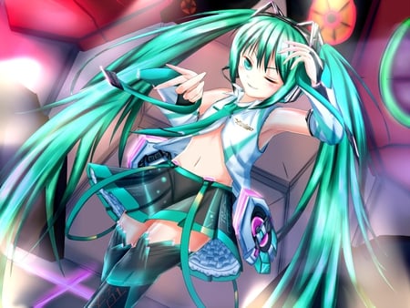 Hatsune Miku - tie, pretty, artistic, twin tail, stage, pink, light, uniform, stunning, headphones, nice, program, leggings, hot, thighhighs, beauty, virtual, cg, white, gray, cute, song, outfit, sexy, vocaloid, anime, blue, amazing, twintail, hatsune miku, microphone, music, aqua, stockings, art, idol, anime girl, skirt, beautiful, singer, girl, cool, black, glow, miku, awesome, diva, digital, thigh highs, hatsune, vocaloids, headset