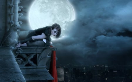 Roof Girl - beauty, emo girl, lips, collage, height, hair, eye, fantasy, face, pretty, cloud, dark, moon, girl, rain, sensual, night, hd, roof, beautiful, city, emo