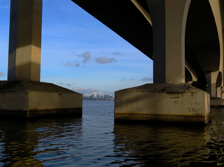 Bellevue WA framed by I-90 bridge - abstract, lake, cityscape, bridge