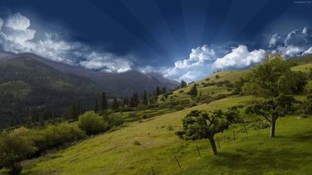 Hilltop - sky, sunrays, hill, landscape, trees, grass