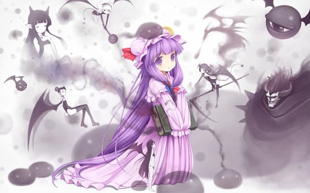 Patchouli Knowledge - scythe, hat, girl, patchouli knowledge, long hair, wings, purple hair, anime girl, kawai, horns, 10m, touhou, anime, dragon, weapon, cute