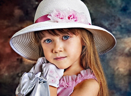 Little lady - beauty, lips, hat, hair, sweet moments, face, childhood, baby, pink dress, little girl, cute, lady, girl, blue eyes, lovely girl, tenderness, child, bag, gloves, charming, sweet, flowers