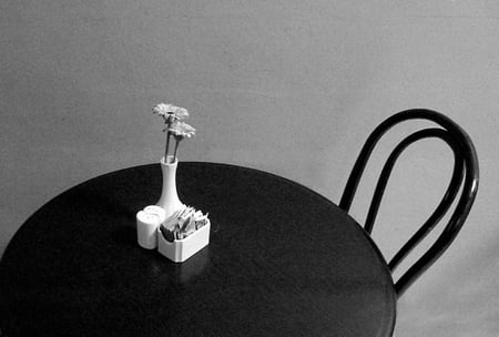 Table for one - blues, sad, one, vase, chair, alone, lonely, salt cellar, table, flowers, join me