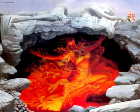 heaven and hell - women, lava, flower, rocks