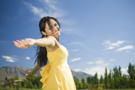 With open arms to Happiness - young girl, yellow, summer, dress, happy, brunette, sky, always, forever, fields, open arms, sunshine, sweet, smile, me, happiness, nature