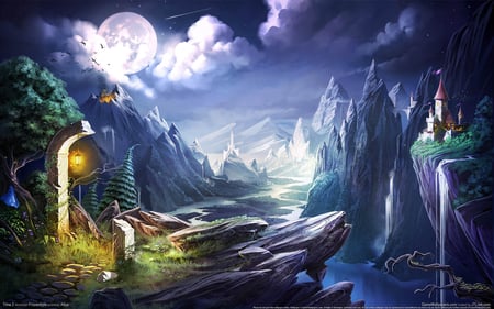 Tirne 2 - sky, video game, fantasy, cloud, game, river, trine, house, lamp, moon, mountain, light, waterfalls, trine 2, heaven, cg, hd, scenery