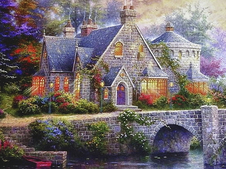 New englands dream - boat, beautiful, flowers, paint, bridge, river, lovely, house, nature, colors