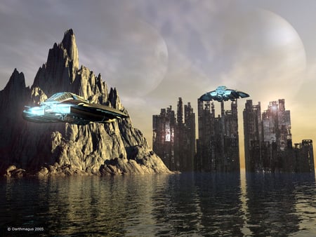 flooded city - water, cliffs, clouds, moon, shuttles, blue sky, buildings