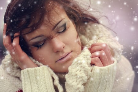 Cold winter days - warmth, cold days, snowflakes, snow, beautiful woman, face, winter, make up, sweater, beauty, sweet, hair, wonderful, white, lips, scarf, beautiful lady, season, cold