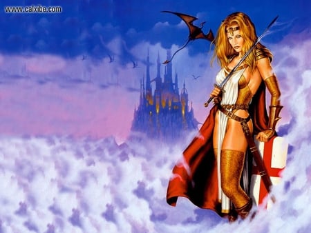 fantasy female warrior - sword, shield, flying serpants, clouds, castle