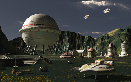 aldebaran base - shuttles, vehicals, people, clouds, blue sky, buildings, cliffs