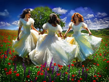 Beautiful day - girls, women, white dressed, poppy, beautiful, field, day