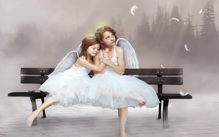 Little Angels - feather, child, cute, sweet, girl, white, heaven, bench, angels, angel