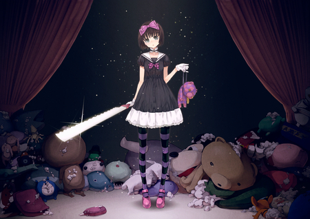 Sweet - gray eyes, risoumaeda, stockings, gloves, original, brown hair, bow, weapon, teddy bear, short hair, dress