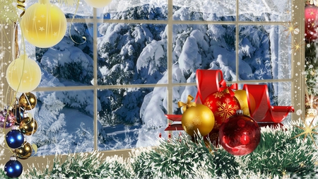 Winter Scene at Christmas - trees, winter, balls, window, snow, christmas, curtain, feliz navidad, frost, decorations