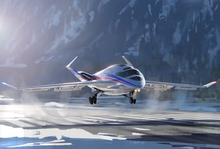 Private Plane Concept - airplane, landing, jet, snow, private, plane, drawing, concept, painting, mountains, art