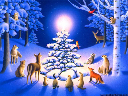 Merry Christmas young friends - light, animals, blue, snow, winter, tree