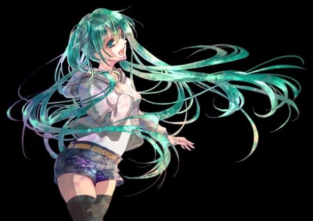 Hatsune Miku - pretty, artistic, twin tail, stunning, nice, program, leggings, beauty, virtual, cg, drawing, white, cute, aqua eyes, shorts, song, vocaloid, anime, blue, amazing, twintail, hatsune miku, music, aqua, stockings, art, idol, anime girl, beautiful, singer, girl, simple, cool, black, miku, awesome, diva, painting, digital, aqua hair, hatsune, vocaloids